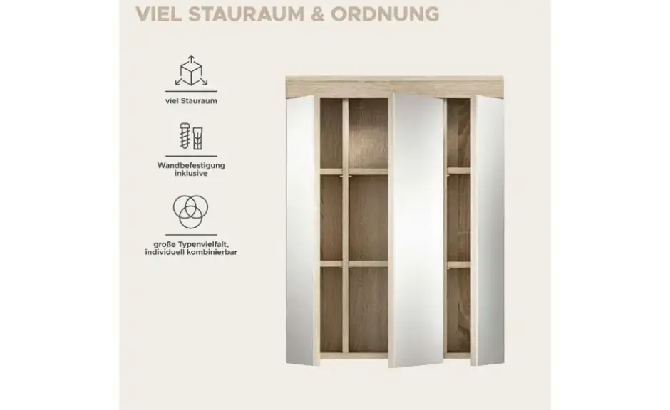 Badezimmerspiegelschrank SCHLOONSEE, Breite 60cm, 3 Spiegeltüren, 9 Fächer, 6 Einlegeböden in verschiedenen Farben erhältlich, Badmöbel, Spiegel, Badschrank, Bad Schloonsee