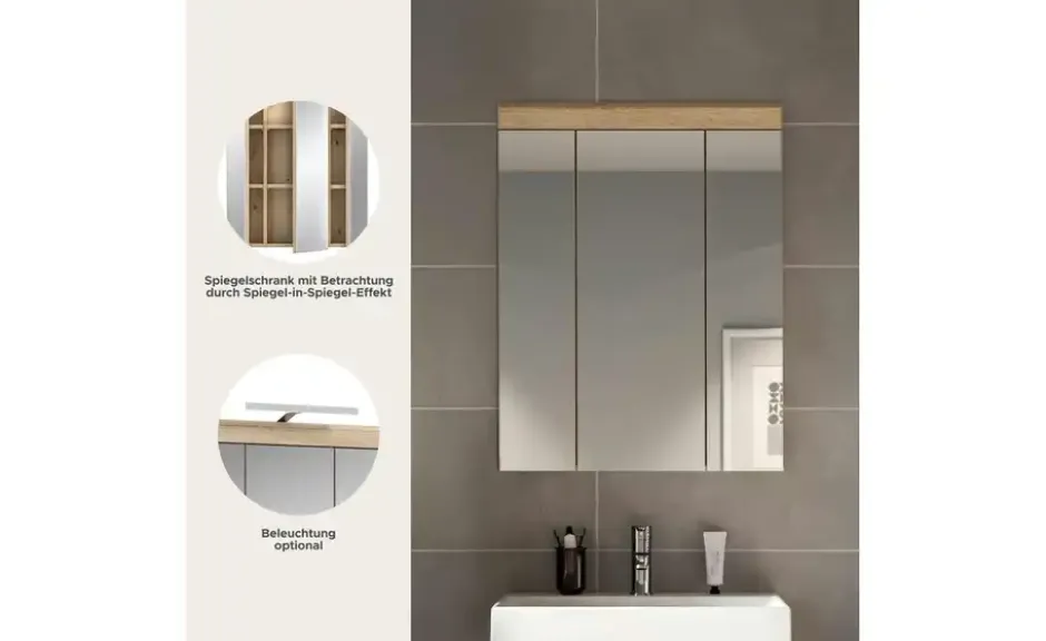 Badezimmerspiegelschrank SCHLOONSEE, Breite 60cm, 3 Spiegeltüren, 9 Fächer, 6 Einlegeböden in verschiedenen Farben erhältlich, Badmöbel, Spiegel, Badschrank, Bad Schloonsee