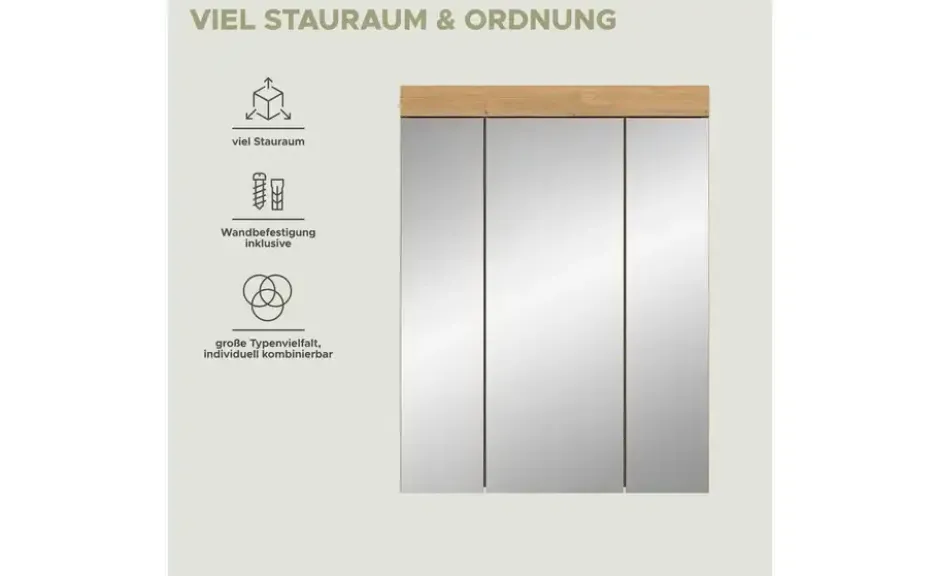 Badezimmerspiegelschrank SCHLOONSEE, Breite 60cm, 3 Spiegeltüren, 9 Fächer, 6 Einlegeböden in verschiedenen Farben erhältlich, Badmöbel, Spiegel, Badschrank, Bad Schloonsee