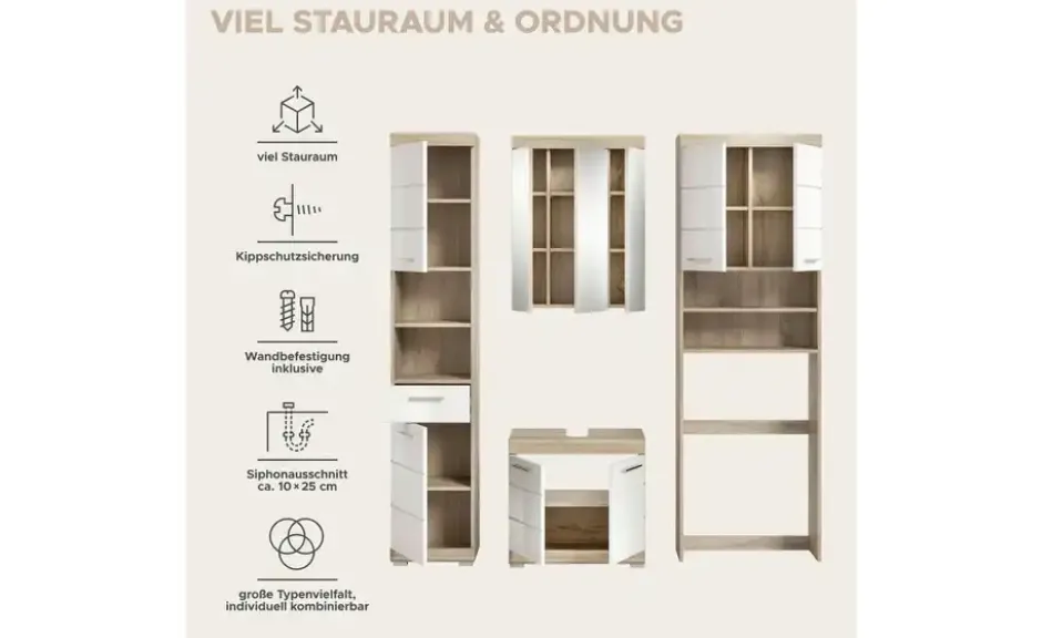 Badmöbel-Set SCHLOONSEE, 4 teilig, bestehend aus: Hochschrank, WBU, Spiegelschrank, Waschmaschinenumbauschrank Schloonsee