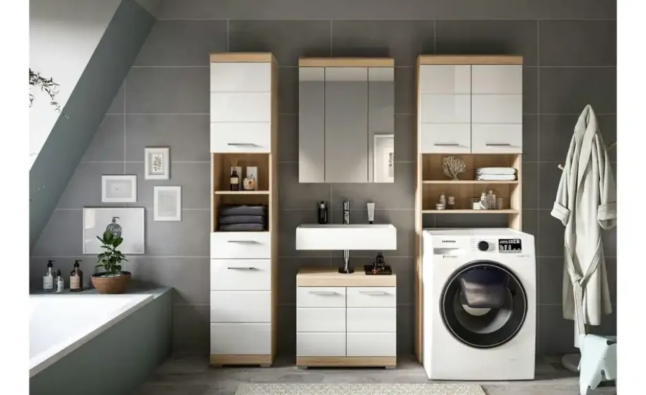 Badmöbel-Set SCHLOONSEE, 4 teilig, bestehend aus: Hochschrank, WBU, Spiegelschrank, Waschmaschinenumbauschrank Schloonsee