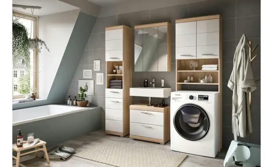 Badmöbel-Set SCHLOONSEE, 4 teilig, bestehend aus: Hochschrank, WBU, Spiegelschrank, Waschmaschinenumbauschrank Schloonsee
