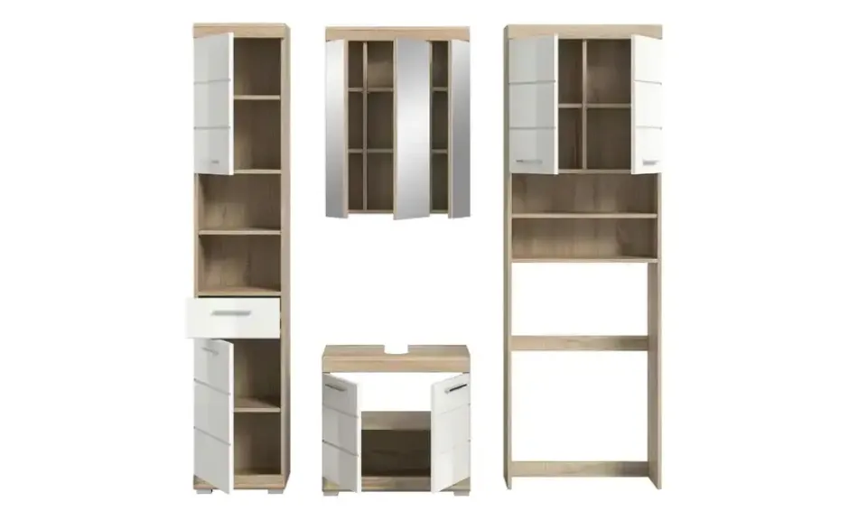 Badmöbel-Set SCHLOONSEE, 4 teilig, bestehend aus: Hochschrank, WBU, Spiegelschrank, Waschmaschinenumbauschrank Schloonsee