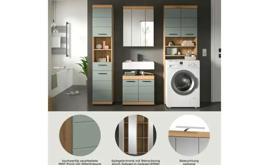 Badmöbel-Set SCHLOONSEE, 4 teilig, bestehend aus: Hochschrank, WBU, Spiegelschrank, Waschmaschinenumbauschrank Schloonsee