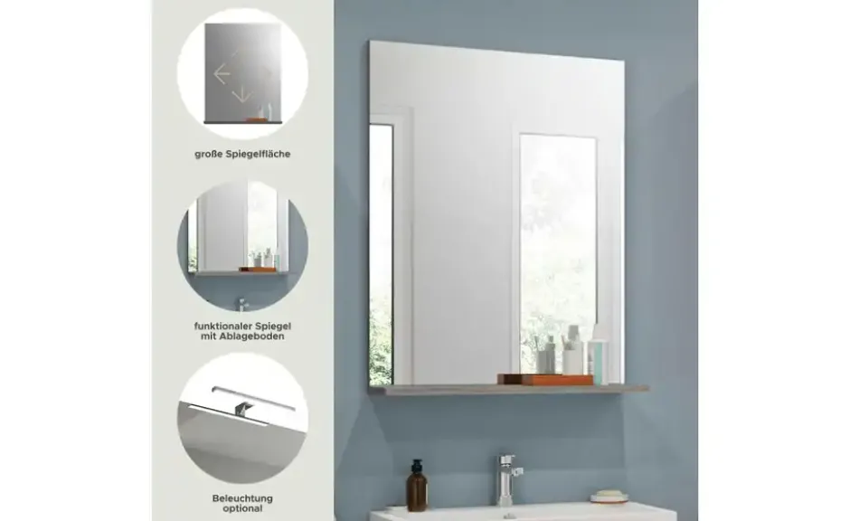 Badspiegel SCHLOONSEE, Breite 60cm, 1 Ablageboden, hochwertiges Spiegelglas in verschiedenen Farben erhältlich, Badmöbel, Spiegel, Badezimmer Schloonsee
