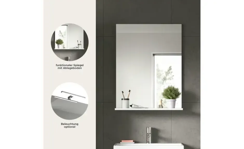 Badspiegel SCHLOONSEE, Breite 60cm, 1 Ablageboden, hochwertiges Spiegelglas in verschiedenen Farben erhältlich, Badmöbel, Spiegel, Badezimmer Schloonsee