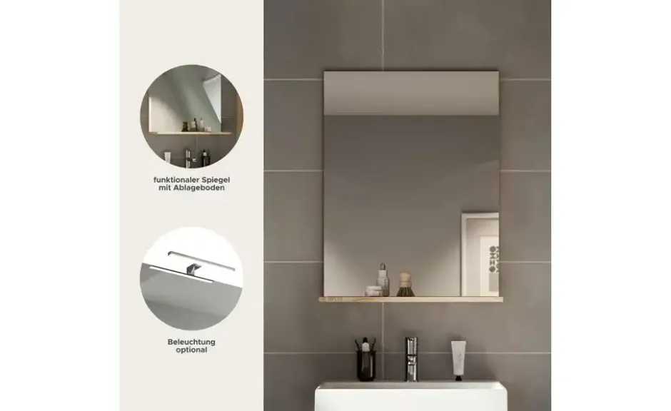 Badspiegel SCHLOONSEE, Breite 60cm, 1 Ablageboden, hochwertiges Spiegelglas in verschiedenen Farben erhältlich, Badmöbel, Spiegel, Badezimmer Schloonsee