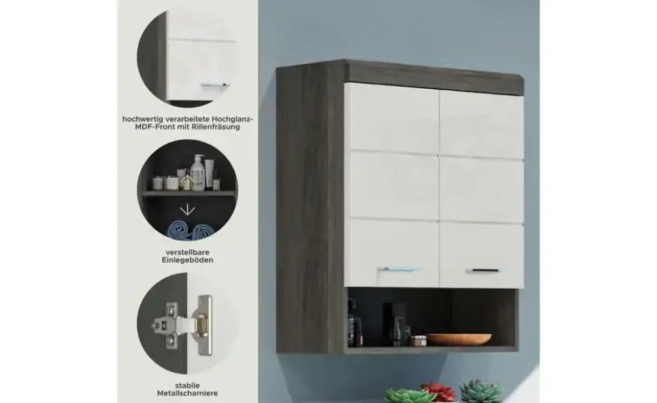 Hängeschrank SCHLOONSEE, Breite 74cm, 2 Türen, 1 offenes Fächer, MDF-Front in verschiedenen Farben erhältlich, Badmöbel, Badschrank, Schrank, Bad Schloonsee
