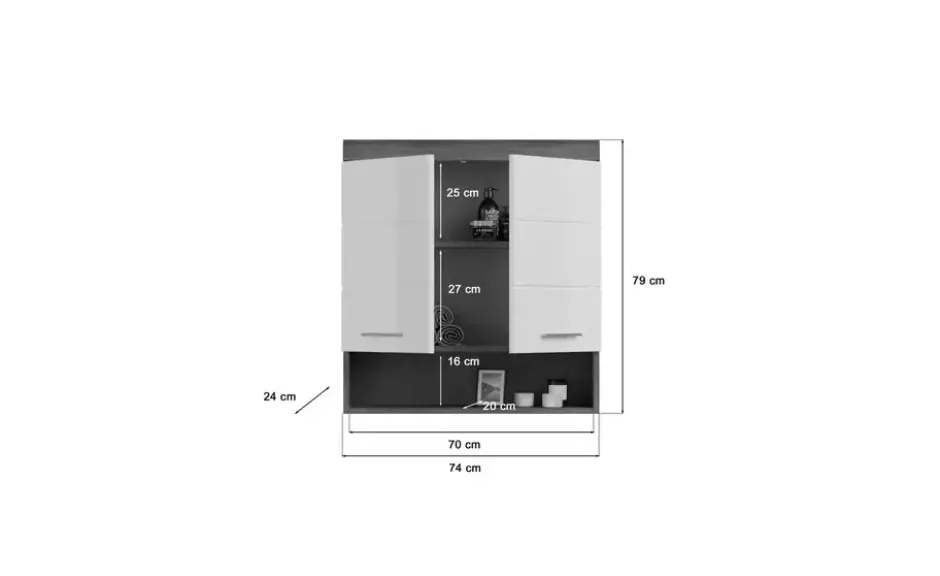 Hängeschrank SCHLOONSEE, Breite 74cm, 2 Türen, 1 offenes Fächer, MDF-Front in verschiedenen Farben erhältlich, Badmöbel, Badschrank, Schrank, Bad Schloonsee