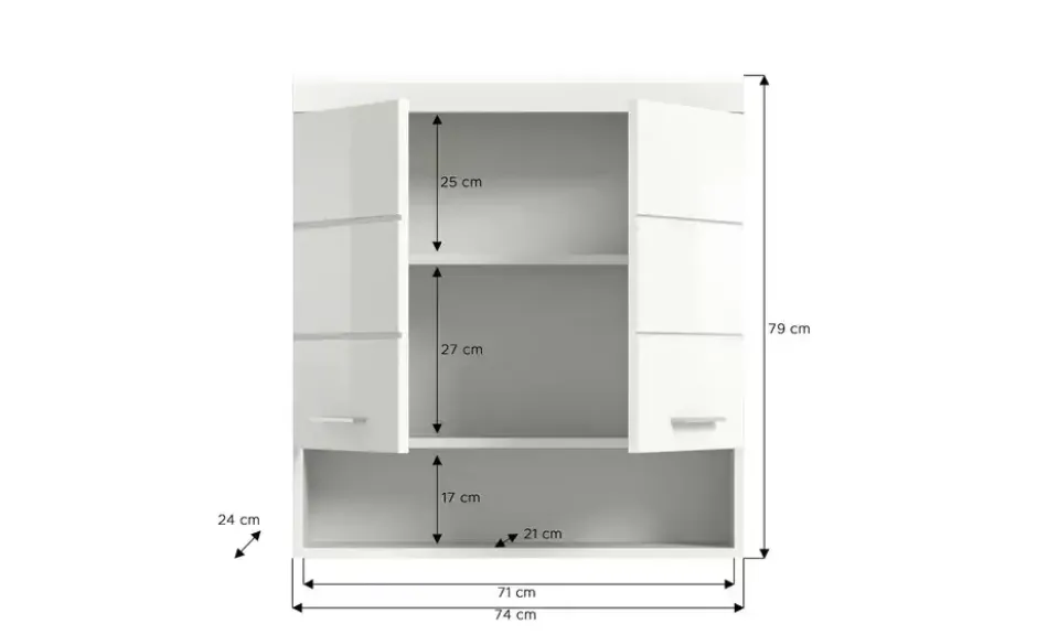 Hängeschrank SCHLOONSEE, Breite 74cm, 2 Türen, 1 offenes Fächer, MDF-Front in verschiedenen Farben erhältlich, Badmöbel, Badschrank, Schrank, Bad Schloonsee