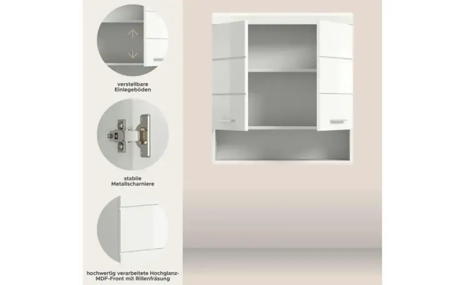 Hängeschrank SCHLOONSEE, Breite 74cm, 2 Türen, 1 offenes Fächer, MDF-Front in verschiedenen Farben erhältlich, Badmöbel, Badschrank, Schrank, Bad Schloonsee