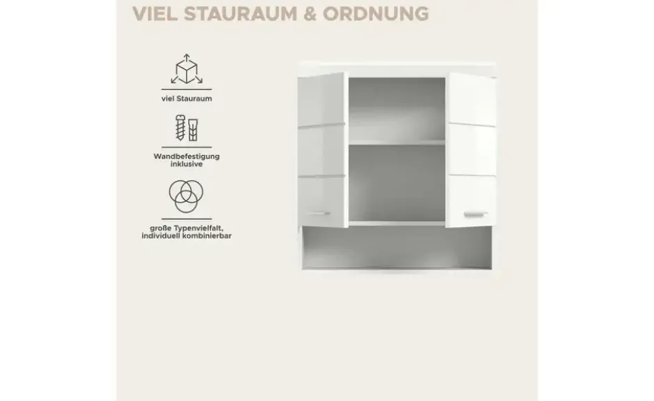 Hängeschrank SCHLOONSEE, Breite 74cm, 2 Türen, 1 offenes Fächer, MDF-Front in verschiedenen Farben erhältlich, Badmöbel, Badschrank, Schrank, Bad Schloonsee