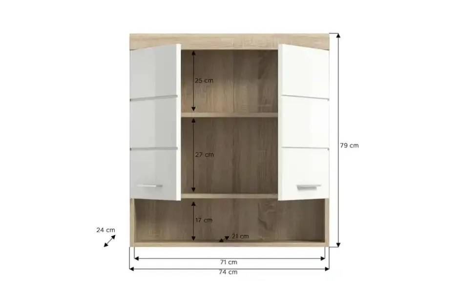 Hängeschrank SCHLOONSEE, Breite 74cm, 2 Türen, 1 offenes Fächer, MDF-Front in verschiedenen Farben erhältlich, Badmöbel, Badschrank, Schrank, Bad Schloonsee