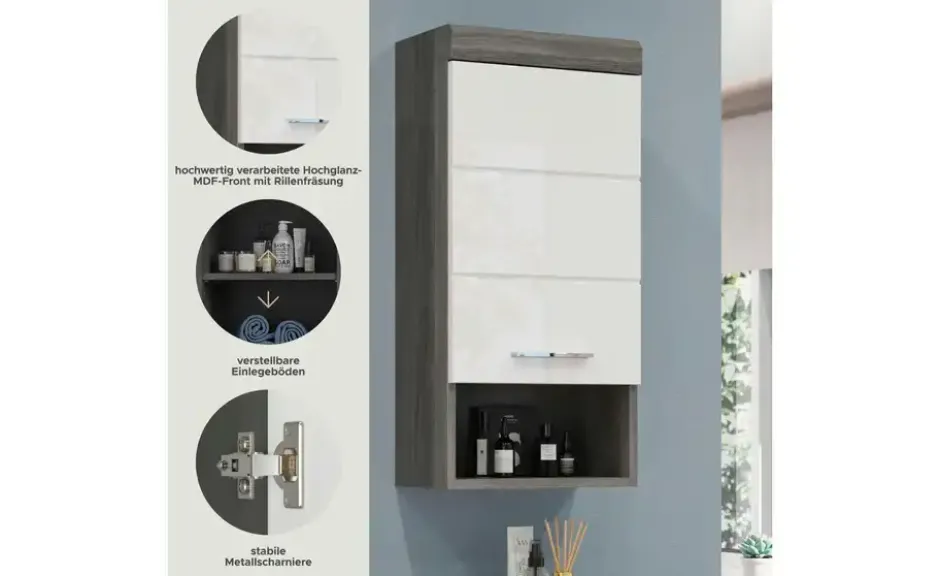 Hängeschrank SCHLOONSEE, Breite 37cm, 1 Tür, 1 offenes Fächer, 1 Einlegeboden, MDF-Front in verschiedenen Farben erhältlich, Badmöbel, Badschrank, Schrank, Bad Schloonsee
