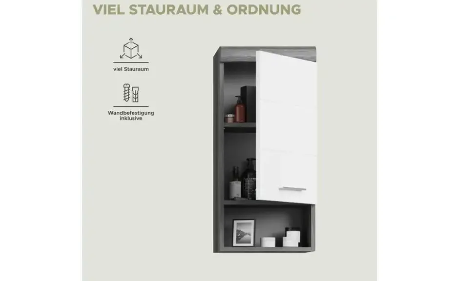 Hängeschrank SCHLOONSEE, Breite 37cm, 1 Tür, 1 offenes Fächer, 1 Einlegeboden, MDF-Front in verschiedenen Farben erhältlich, Badmöbel, Badschrank, Schrank, Bad Schloonsee