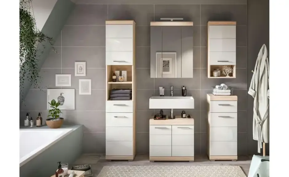 Hängeschrank SCHLOONSEE, Breite 37cm, 1 Tür, 1 offenes Fächer, 1 Einlegeboden, MDF-Front in verschiedenen Farben erhältlich, Badmöbel, Badschrank, Schrank, Bad Schloonsee