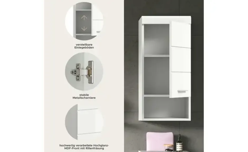 Hängeschrank SCHLOONSEE, Breite 37cm, 1 Tür, 1 offenes Fächer, 1 Einlegeboden, MDF-Front in verschiedenen Farben erhältlich, Badmöbel, Badschrank, Schrank, Bad Schloonsee