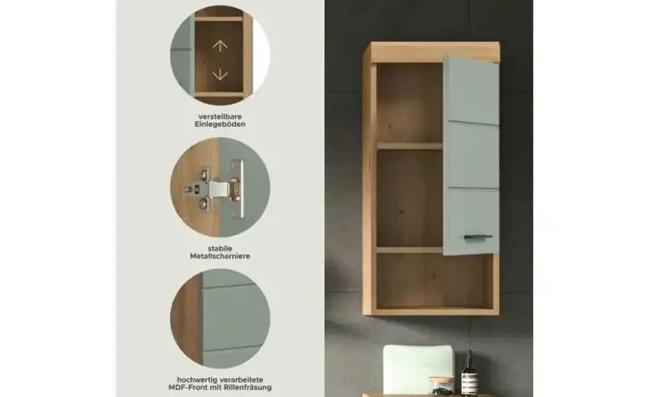 Hängeschrank SCHLOONSEE, Breite 37cm, 1 Tür, 1 offenes Fächer, 1 Einlegeboden, MDF-Front in verschiedenen Farben erhältlich, Badmöbel, Badschrank, Schrank, Bad Schloonsee