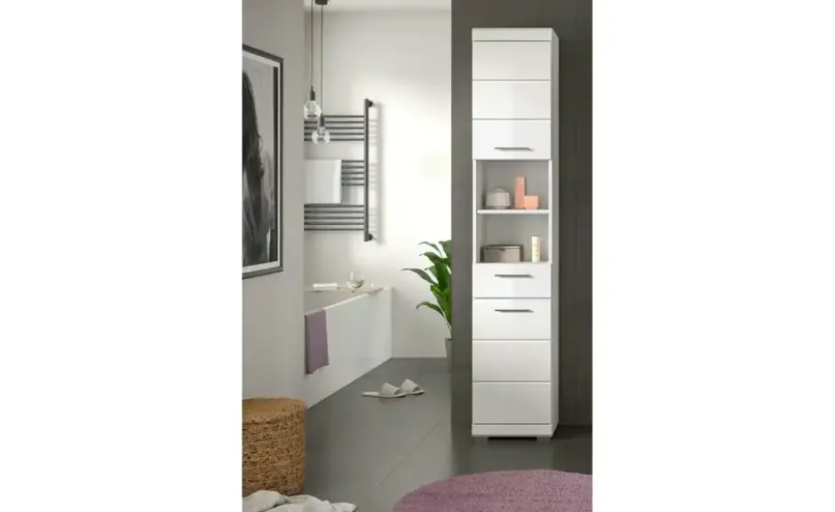 Hochschrank SCHLOONSEE, Breite 37cm, 2 Tür, 1 Schubkasten, 2 offene Fächer, MDF-Front in verschiedenen Farben erhältlich, Badmöbel, Badschrank, Schrank, Bad Schloonsee