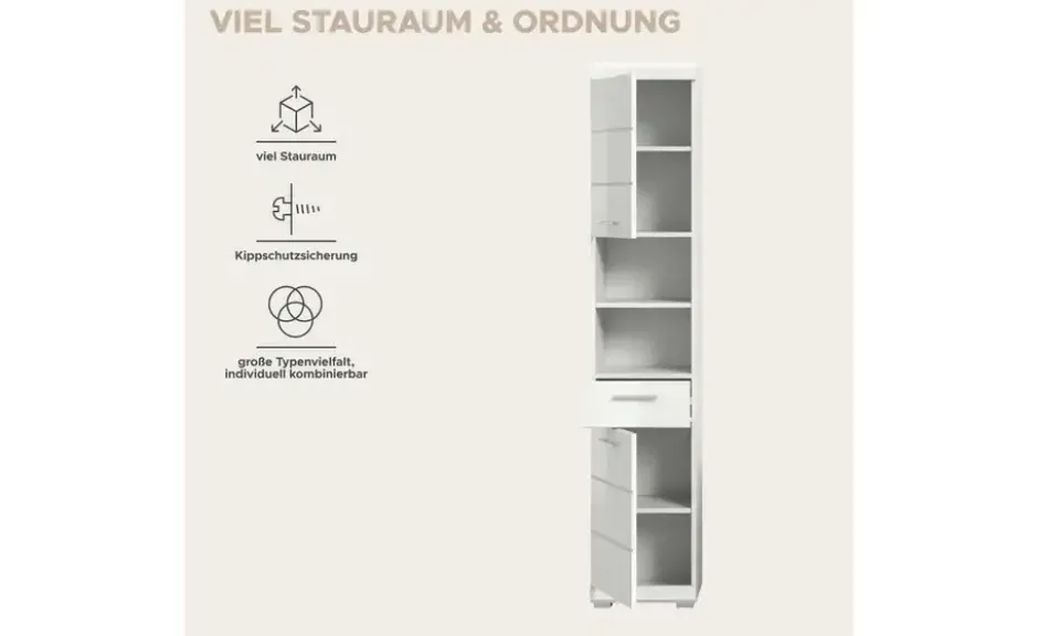 Hochschrank SCHLOONSEE, Breite 37cm, 2 Tür, 1 Schubkasten, 2 offene Fächer, MDF-Front in verschiedenen Farben erhältlich, Badmöbel, Badschrank, Schrank, Bad Schloonsee