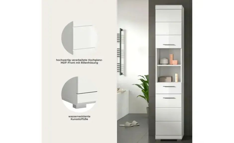 Hochschrank SCHLOONSEE, Breite 37cm, 2 Tür, 1 Schubkasten, 2 offene Fächer, MDF-Front in verschiedenen Farben erhältlich, Badmöbel, Badschrank, Schrank, Bad Schloonsee