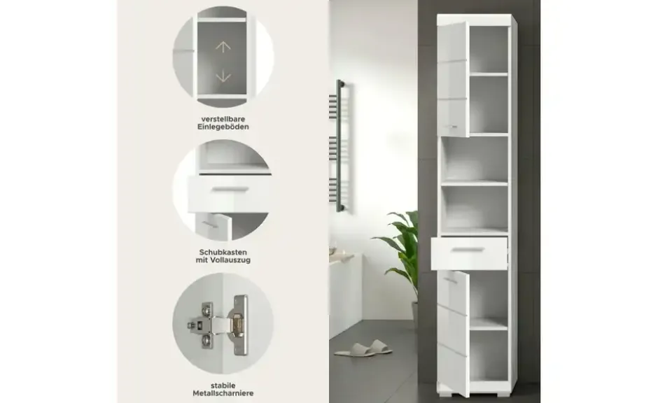 Hochschrank SCHLOONSEE, Breite 37cm, 2 Tür, 1 Schubkasten, 2 offene Fächer, MDF-Front in verschiedenen Farben erhältlich, Badmöbel, Badschrank, Schrank, Bad Schloonsee