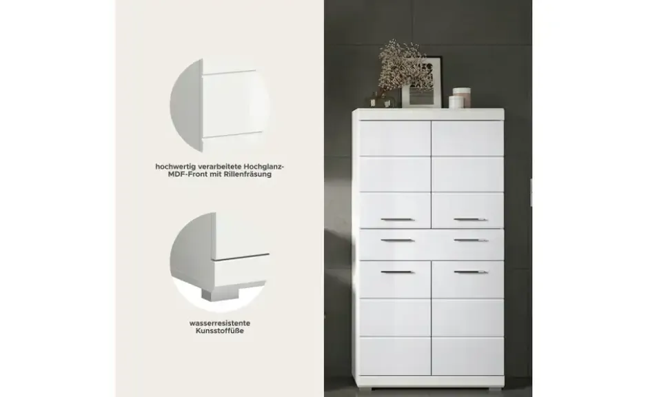 Midischrank SCHLOONSEE, Breite 74cm, 4 Türen, 1 Schubkasten, 4 Fächer, MDF-Front in verschiedenen Farben erhältlich, Badmöbel, Badschrank, Schrank, Bad Schloonsee