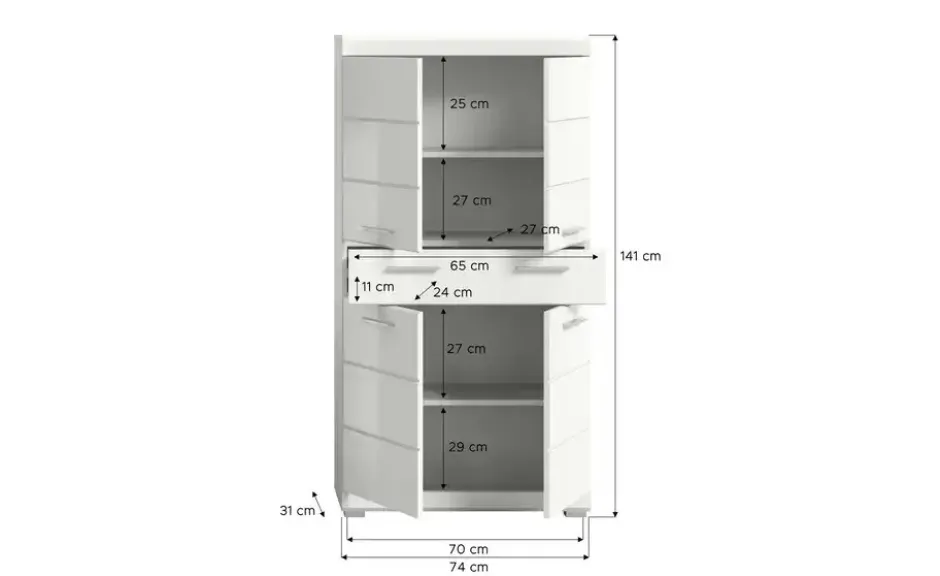 Midischrank SCHLOONSEE, Breite 74cm, 4 Türen, 1 Schubkasten, 4 Fächer, MDF-Front in verschiedenen Farben erhältlich, Badmöbel, Badschrank, Schrank, Bad Schloonsee