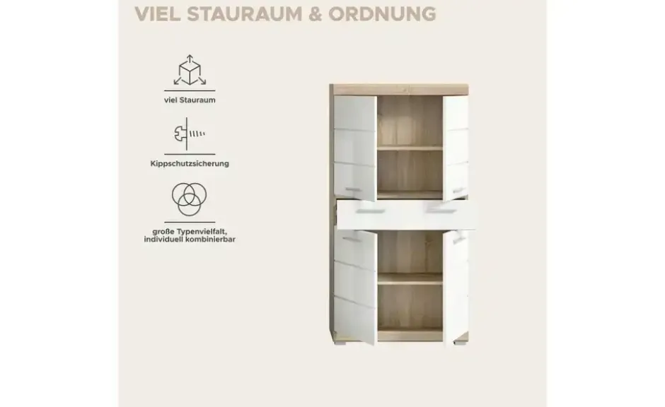 Midischrank SCHLOONSEE, Breite 74cm, 4 Türen, 1 Schubkasten, 4 Fächer, MDF-Front in verschiedenen Farben erhältlich, Badmöbel, Badschrank, Schrank, Bad Schloonsee