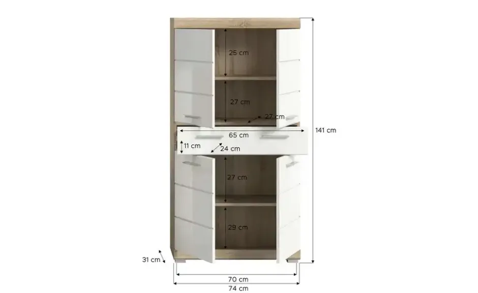 Midischrank SCHLOONSEE, Breite 74cm, 4 Türen, 1 Schubkasten, 4 Fächer, MDF-Front in verschiedenen Farben erhältlich, Badmöbel, Badschrank, Schrank, Bad Schloonsee