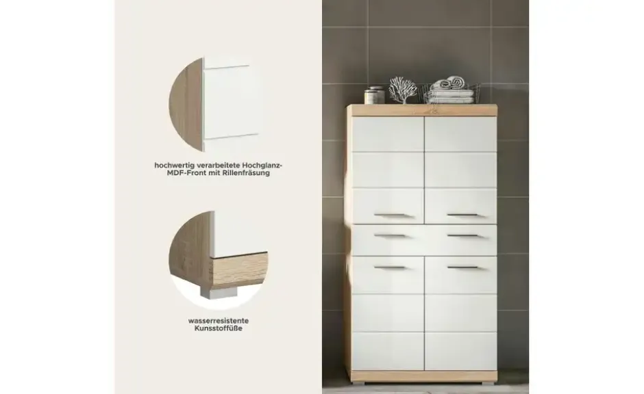 Midischrank SCHLOONSEE, Breite 74cm, 4 Türen, 1 Schubkasten, 4 Fächer, MDF-Front in verschiedenen Farben erhältlich, Badmöbel, Badschrank, Schrank, Bad Schloonsee