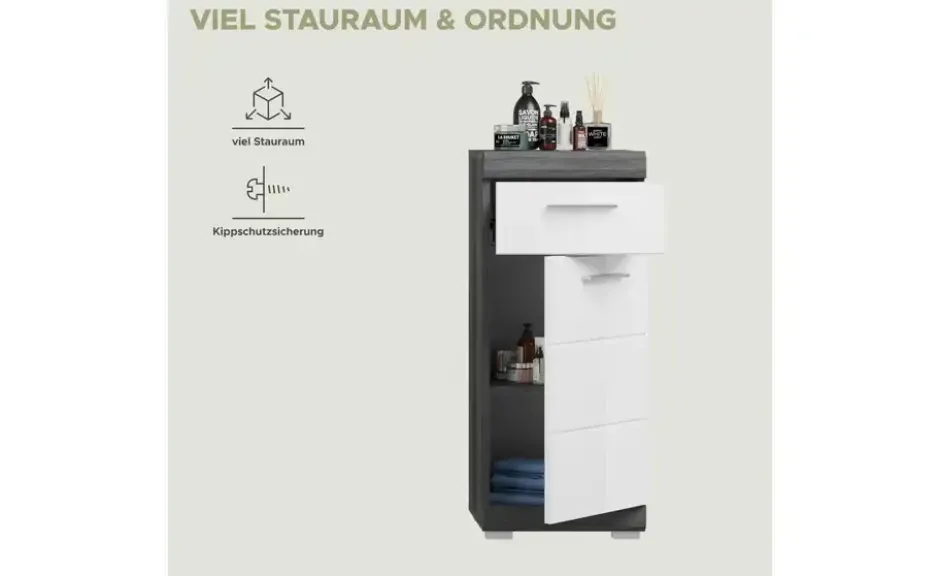 Unterschrank SCHLOONSEE, Breite 37cm, 1 Tür, 1 Schubkasten, 2 Fächer, MDF-Front in verschiedenen Farben erhältlich, Badmöbel, Badschrank, Kommode, Bad Schloonsee