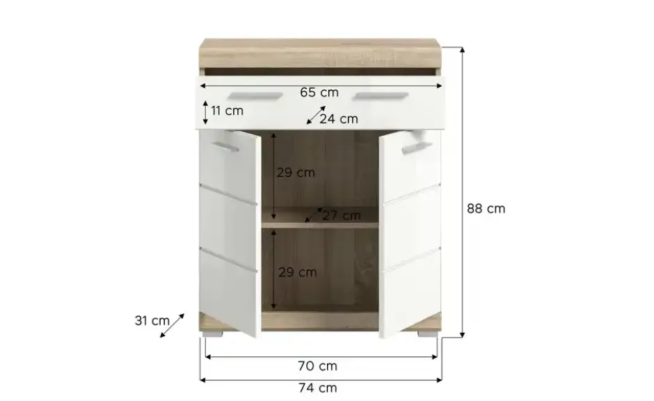 Unterschrank SCHLOONSEE, Breite 74cm, 2 Tür, 1 Schubkasten, 2 Fächer, MDF-Front in verschiedenen Farben erhältlich, Badmöbel, Badschrank, Kommode, Bad Schloonsee