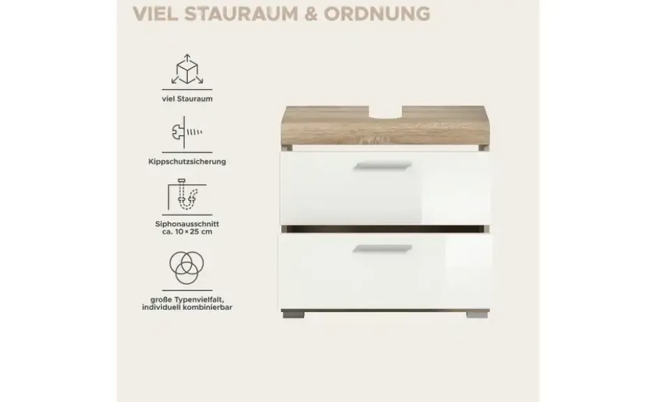 Waschbeckenunterschrank SCHLOONSEE, Breite 60cm, 2 Schubkästen, mit Siphonausschnitt, MDF-Front in verschiedenen Farben erhältlich, Badmöbel, Badschrank, Kommode, Bad Schloonsee