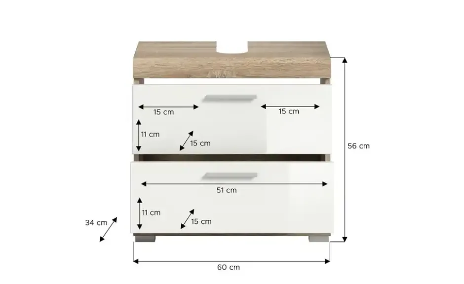 Waschbeckenunterschrank SCHLOONSEE, Breite 60cm, 2 Schubkästen, mit Siphonausschnitt, MDF-Front in verschiedenen Farben erhältlich, Badmöbel, Badschrank, Kommode, Bad Schloonsee