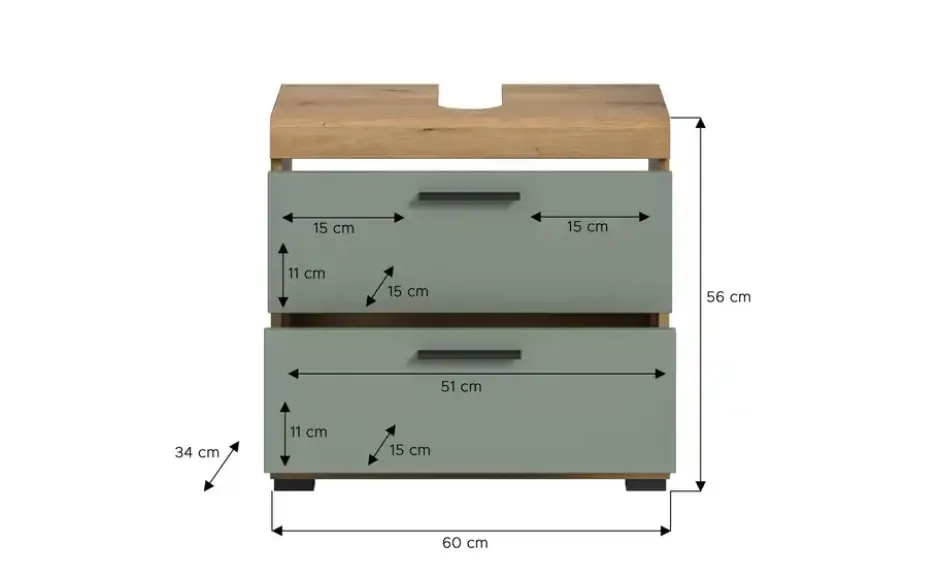 Waschbeckenunterschrank SCHLOONSEE, Breite 60cm, 2 Schubkästen, mit Siphonausschnitt, MDF-Front in verschiedenen Farben erhältlich, Badmöbel, Badschrank, Kommode, Bad Schloonsee
