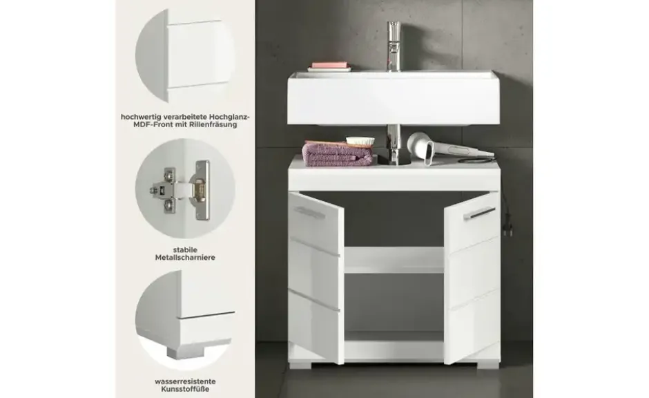 Waschbeckenunterschrank SCHLOONSEE, Breite 60cm, 2 Tür, 2 Fächer, mit Siphonausschnitt, MDF-Front in verschiedenen Farben erhältlich, Badmöbel, Badschrank, Kommode, Bad Schloonsee