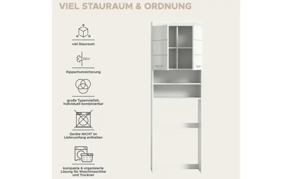 Waschmaschinenumbauschrank SCHLOONSEE, Breite 63cm, für Waschmaschine & Trockner, 2 Türen, MDF-Front in verschiedenen Farben, Überbauschrank, Umbauschrank, Badschrank Schloonsee