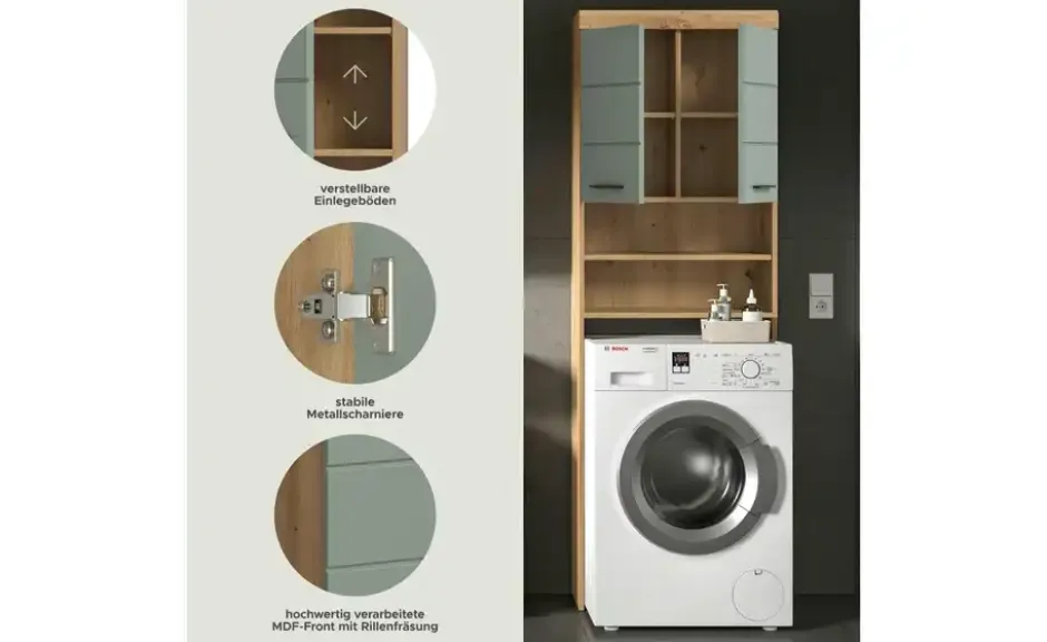 Waschmaschinenumbauschrank SCHLOONSEE, Breite 63cm, für Waschmaschine & Trockner, 2 Türen, MDF-Front in verschiedenen Farben, Überbauschrank, Umbauschrank, Badschrank Schloonsee