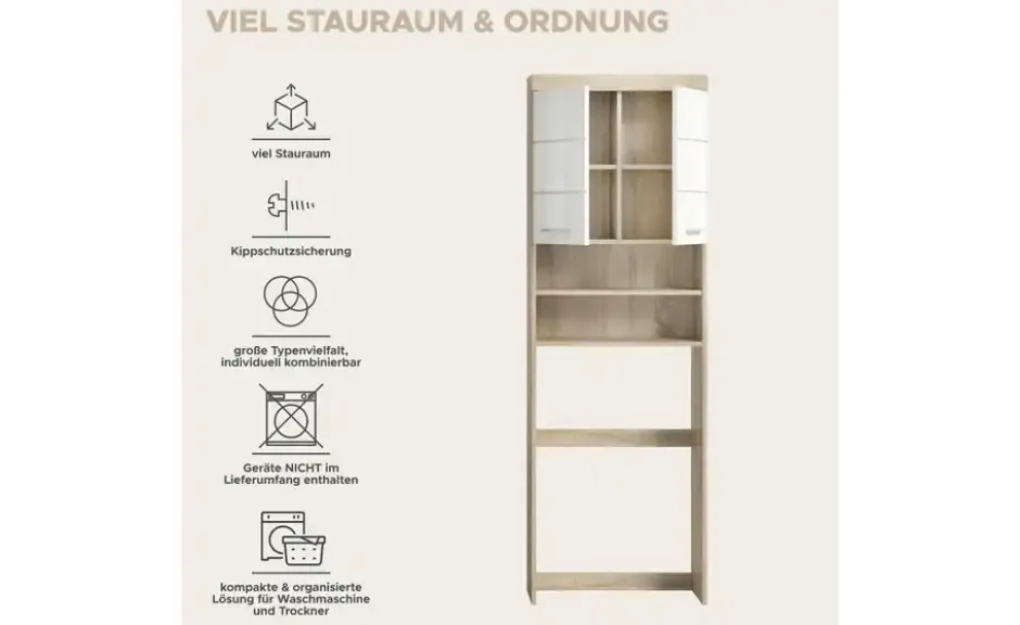 Waschmaschinenumbauschrank SCHLOONSEE, Breite 63cm, für Waschmaschine & Trockner, 2 Türen, MDF-Front in verschiedenen Farben, Überbauschrank, Umbauschrank, Badschrank Schloonsee